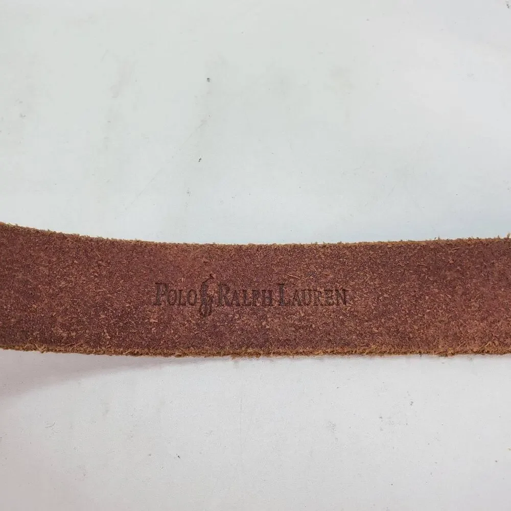 Polo Ralph Lauren Leather Belt western 28 Brown Scalloped Brass Buckle RL Logo